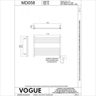 Vogue Pearl Towel Radiator Heating Only - Polished Stainless Steel 600X750 technical drawing - Image 2