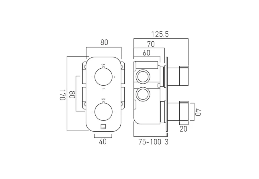 Vado Individual Tablet Altitude Vertical Concealed 2 Outlet, 2 Handle Thermostatic Valve With All-flow Function Brushed Black technical drawing - Image 2