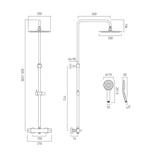 Vado Individual Nebula Adjustable Thermostatic Round Shower Column Brushed Gold technical drawing - Image 2