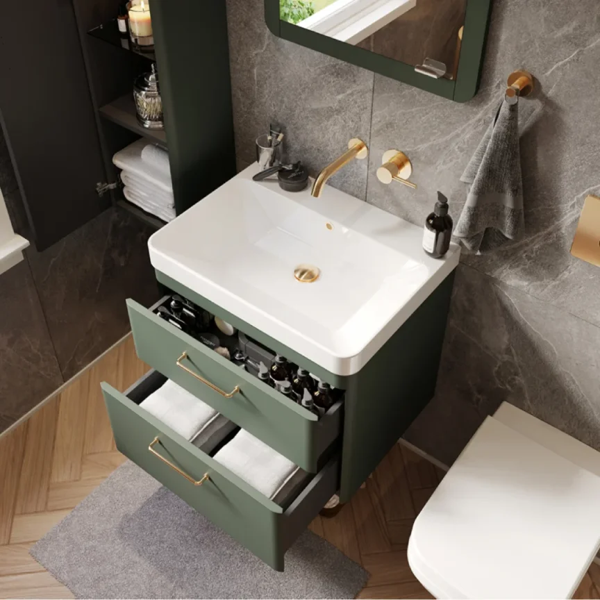 Saneux Hyde 60cm 2 Drawer Wall Mounted Unit - Matte Sage detail view - Image 2