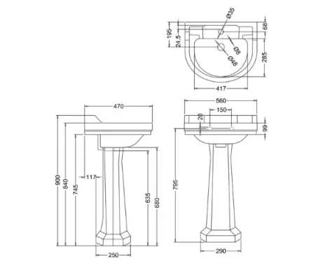 Burlington3h 560 Edwardian Round Fr Basin technical drawing - Image 2