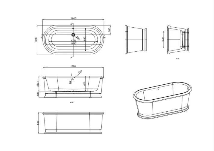 Burlington London Round Soaking Tub technical drawing - Image 2