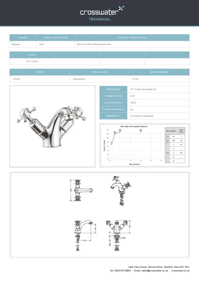 Crosswater Belgravia Crosshead Luxury Mono Mixer No Waste Deck Mounted Chrome technical drawing - Image 2