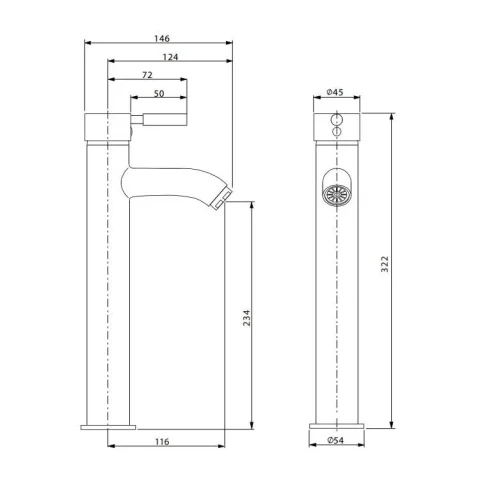Crosswater Design Tall Monobloc Basin Mixer Tap without Waste Chrome technical drawing - Image 3