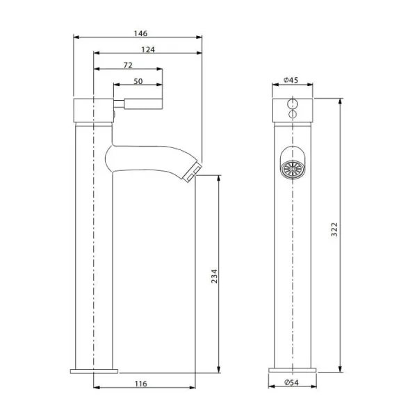 Crosswater Design Tall Monobloc Basin Mixer Tap without Waste Chrome technical drawing - Image 3