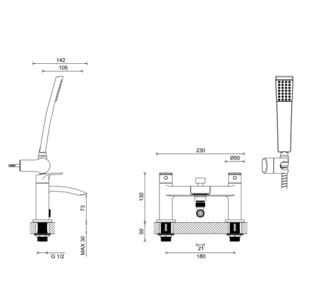 Crosswater Flow Bath Shower Mixer Dual Lever With Kit Deck Mounted Chrome technical drawing - Image 2