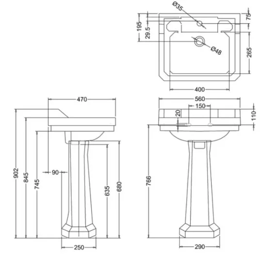 Burlington Edwardian Basin 56cm 2th Jet technical drawing - Image 2