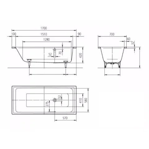 Kaldewei Puro 1700 X 700mm With Side Overflow (excl. Feet) technical drawing - Image 3