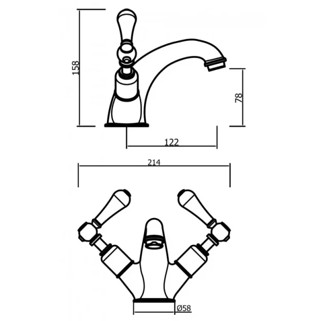 Crosswater Belgravia Lever Mono Basin Mixer Deck Mounted Chrome White Lever technical drawing - Image 3