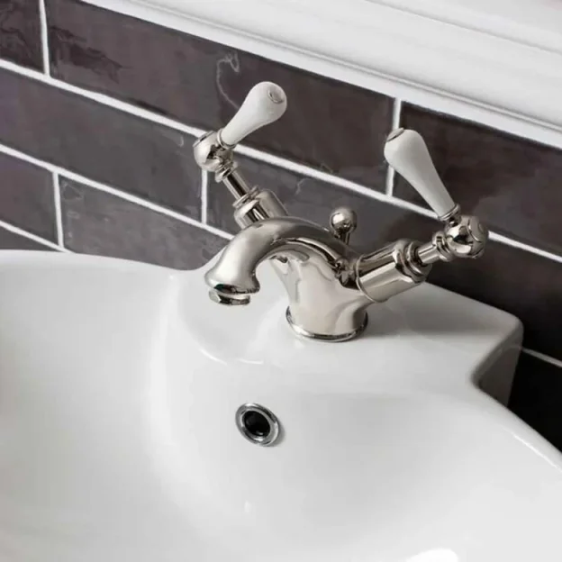 Crosswater Belgravia Lever Mono Basin Mixer Deck Mounted Chrome White Lever detail view - Image 4