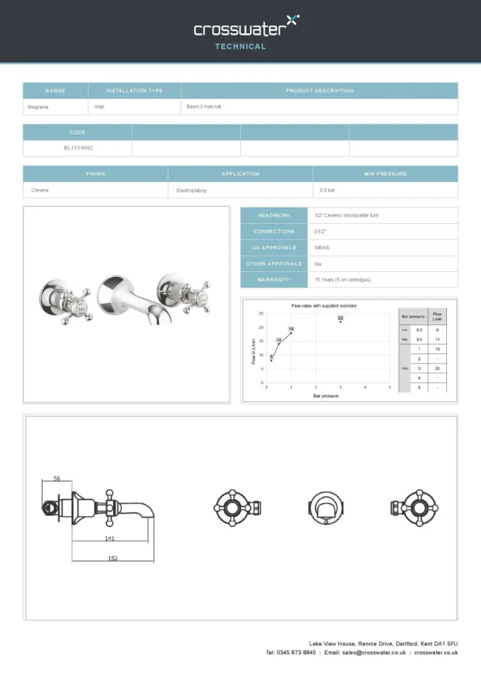 Crosswater Belgravia Crosshead 3 Tap Hole Basin Mixer Wall Mounted Chrome technical drawing - Image 2
