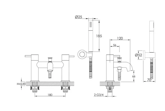 Just Taps Vos Deck Mounted Bath Shower Mixer With Kit Matt Black technical drawing - Image 2
