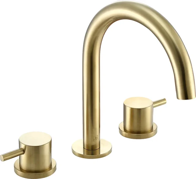 Just Taps Vos 3 Hole Deck Mounted Basin Mixer Designer Handle Brushed Brass product image - Image 1