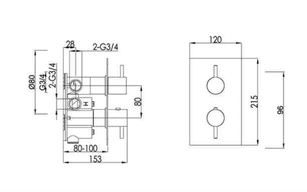 Just Taps Vos One Outlet Thermo Concealed Valve Matt Black technical drawing - Image 2