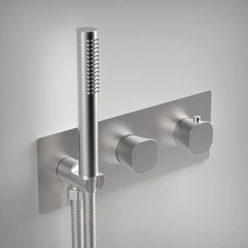 Ava Purity 2 Way 2 Handle Thermostatic Valve With Built In Hand Shower W/3 Hole Backplate - Brushed Stainless Steel product image - Image 1