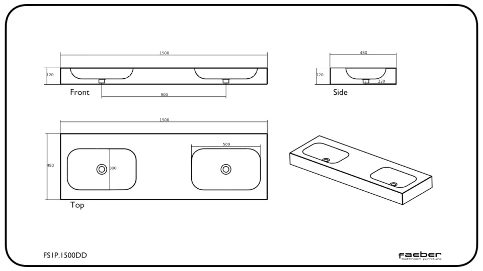 Faeber Infinite S1 Pearl 1500mm Double Wall Hung Basin White Matt technical drawing - Image 2