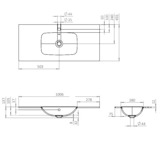 Crosswater Glide II 1000mm Glass Inset Vanity Unit Basin with 1 Tap Hole Midnight Black detail view - Image 3