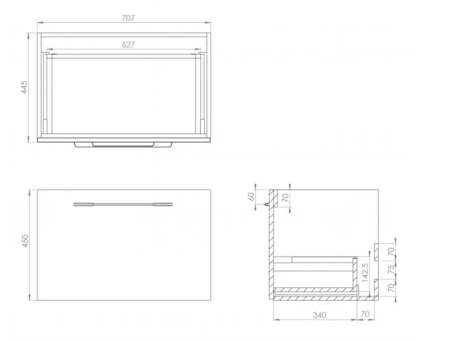 Saneux Austen 72cm 1 Drawer Wall Mounted Unit - Matte White technical drawing - Image 2