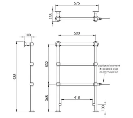 Vogue Ballerina FW - BR Towel Radiator Heating Only - Chrome 938X575 technical drawing - Image 4