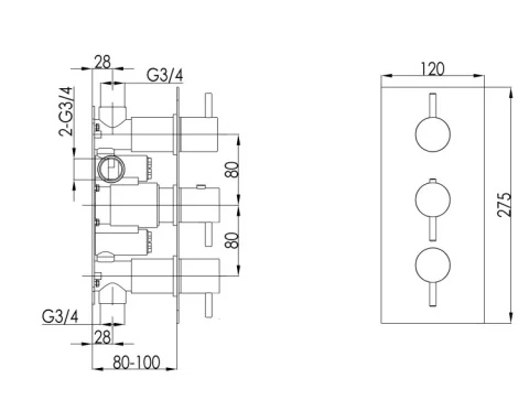 Just Taps Inox Thermostatic Concealed 2 Outlet Shower Valve Vertical technical drawing - Image 2