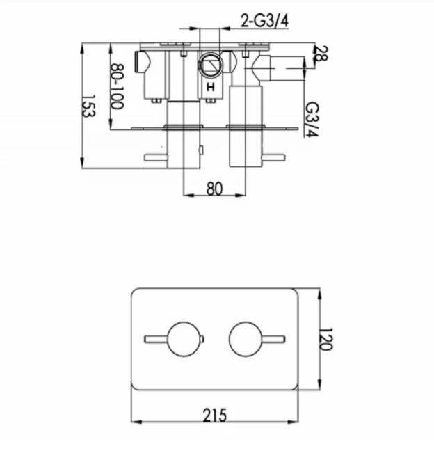 Just Taps Thermostatic Concealed 1 Outlet Shower Valve Chrome technical drawing - Image 2