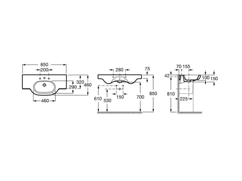 Roca Meridian-n Wall Hung Basin With Ledge 850 X 460mm - 1 Taphole technical drawing - Image 2