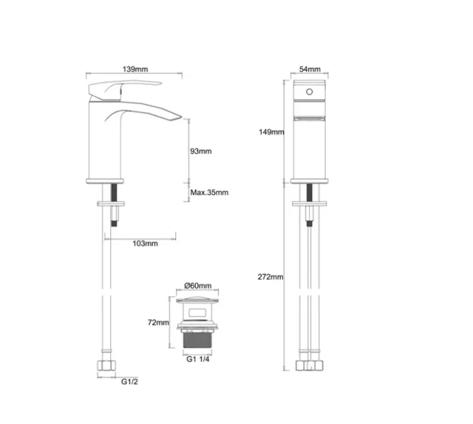 Crosswater Flow Basin Monobloc With Click Clack Waste Deck Mounted Chrome technical drawing - Image 2