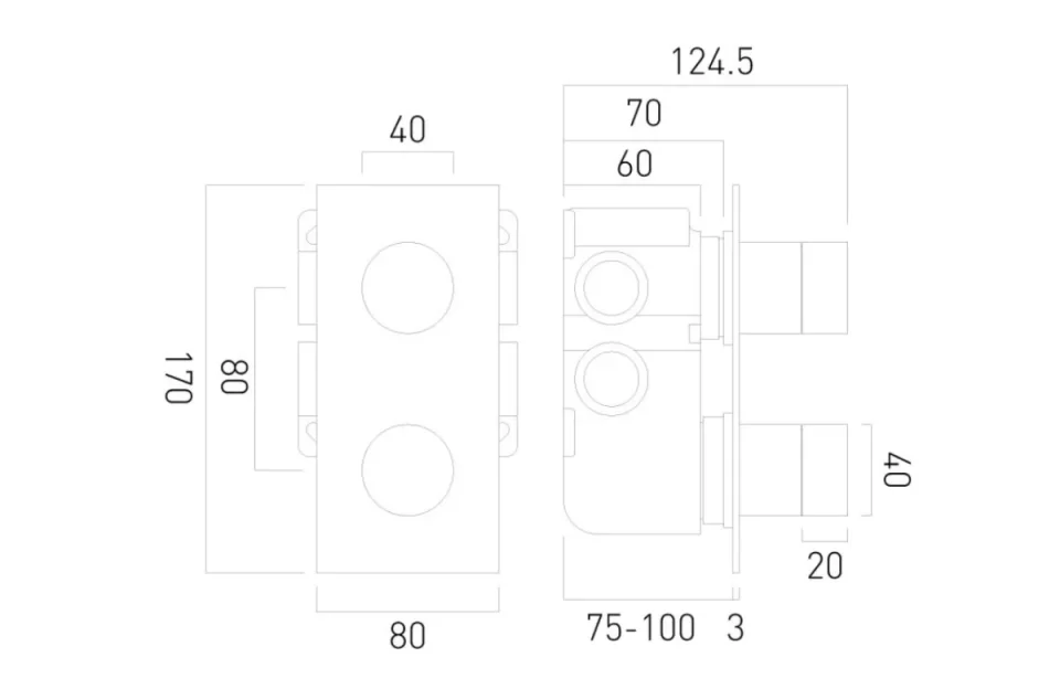 Vado Tablet Omika 2 Outlet 2 Handle Concealed Thermostatic Valve Vertical Chrome technical drawing - Image 2