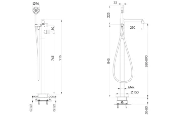 Just Taps Evo Floor Standing Bath Shower Mixer Tap With Round Shower Kit Brushed Bronze technical drawing - Image 2