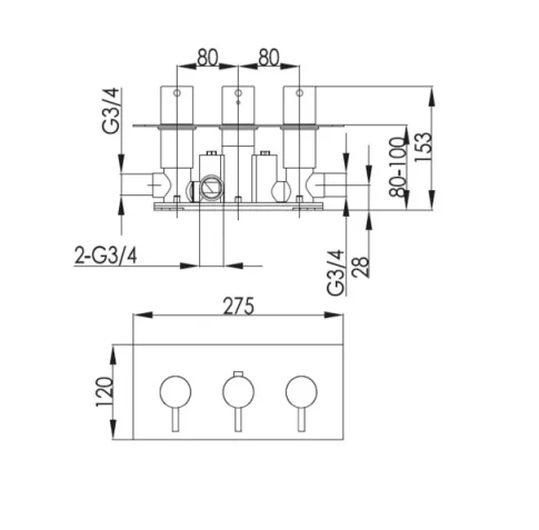 Just Taps Vos Thermostatic Concealed 2 Outlet Shower Valve Brushed Brass technical drawing - Image 2