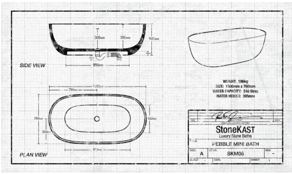 StoneKAST Pebble Mini Freestanding Bath 1500 x 760mm Matt White (Waste Included) technical drawing - Image 3