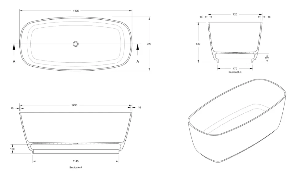Bc Designs Divita Bath 1495 X 720 (no Waste) Matt White detail view - Image 3