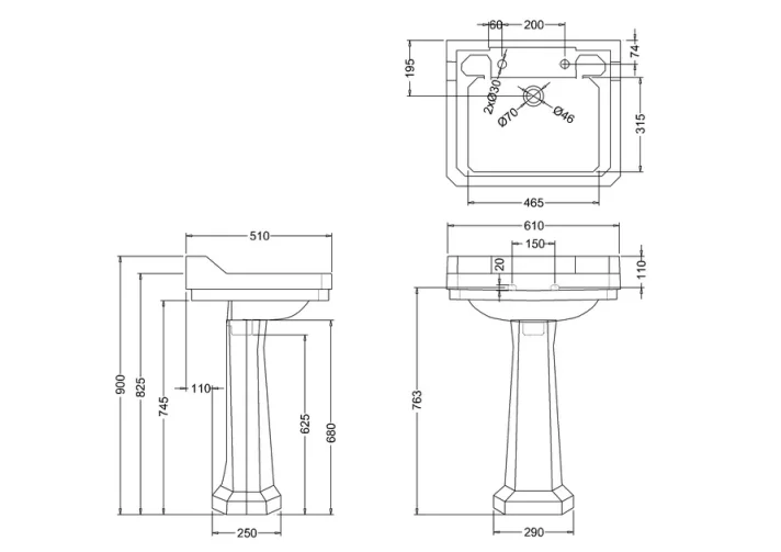 Burlington Edwardian 610 2TH Basin and Standard Pedestal technical drawing - Image 2