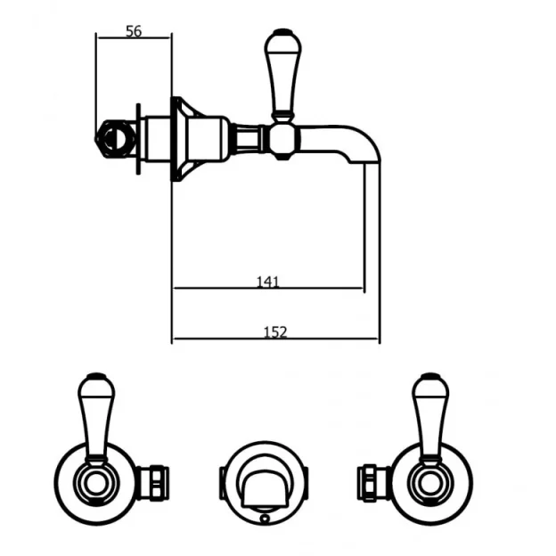 Crosswater Belgravia Lever 3 Tap Hole Basin Mixer Wall Mounted Chrome White Lever technical drawing - Image 3