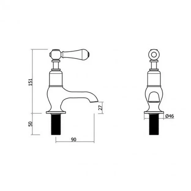 Crosswater Belgravia Lever Basin Taps No Waste Deck Mounted Chrome White Lever technical drawing - Image 3