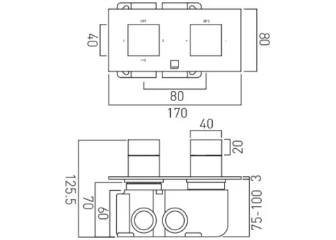 Vado Tablet Notion 2 Outlet 2 Handle Concealed Thermostatic Valve Horizontal Chrome technical drawing - Image 3