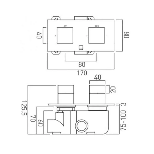 Vado Tablet Notion 2 Outlet 2 Handle Concealed Thermostatic Valve Horizontal Chrome technical drawing - Image 4