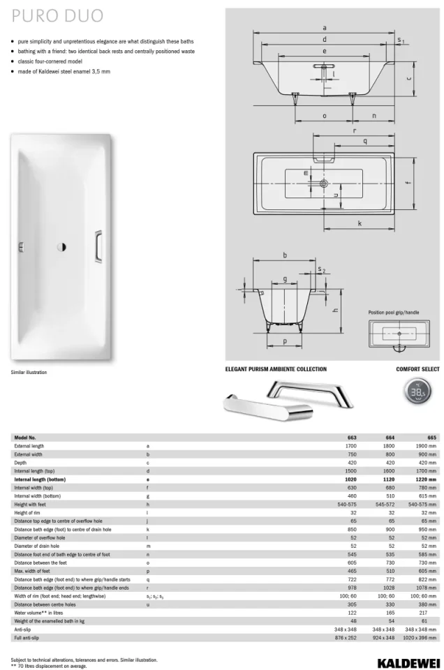 Kaldewei Puro Duo Bath 1700 X 750mm No Tap Hole (excl. Feet) technical drawing - Image 3
