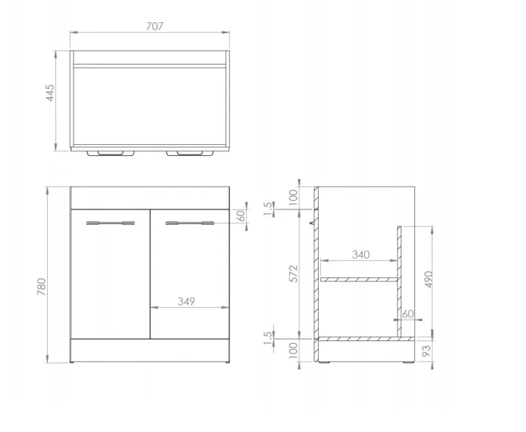 Saneux Austen 72cm 2 Door Floor Standing Unit - Gloss White technical drawing - Image 2