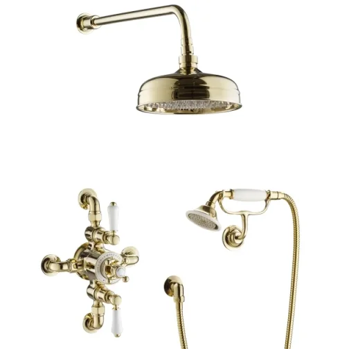 Just Taps Grosvenor Exposed Thermostatic Valve With Two Outlets, Shower Head, Arm and Hand Shower Kit Antique Brass product image - Image 1