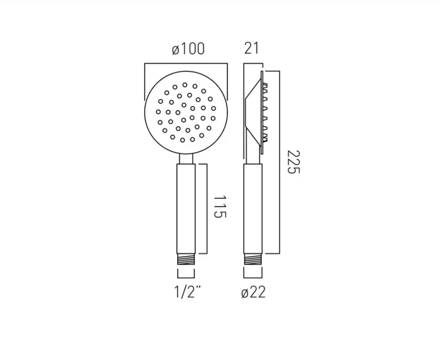 Vado Aquablade 100mm Round Single-function All Metal Rub-clean Shower Handset With Cool Touch Handle Chrome technical drawing - Image 2