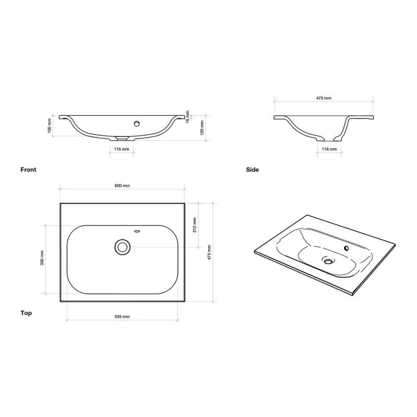 Faeber Infinite M1 Pearl 600mm Single Central Furniture Basin White polished technical drawing - Image 2