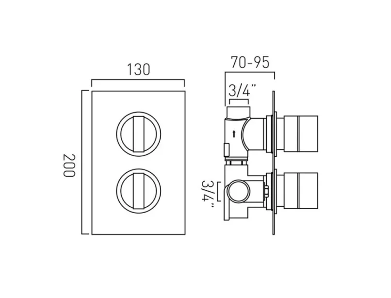 Vado Dx Notion 1 Outlet 2 Handle Concealed Thermostatic Valve Chrome technical drawing - Image 2