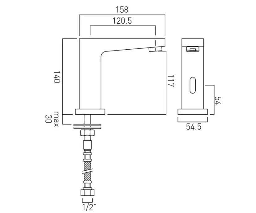 Vado I-tech Life Infra-red Mono Basin Mixer Deck Mounted Mains Or Aa Battery Operated Chrome technical drawing - Image 2