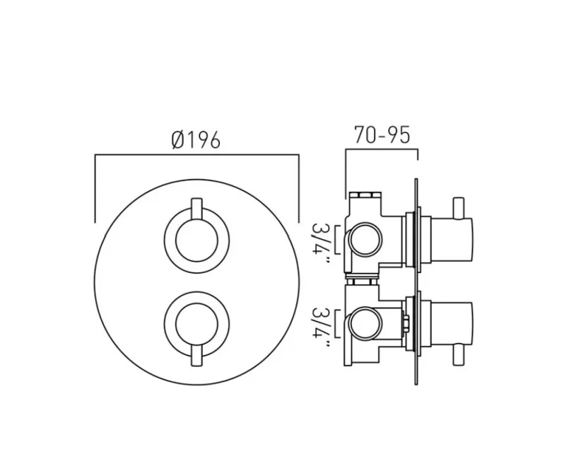 Vado Dx Celsius 2 Outlet 2 Handle Concealed Thermostatic Valve Round Backplate Chrome technical drawing - Image 2