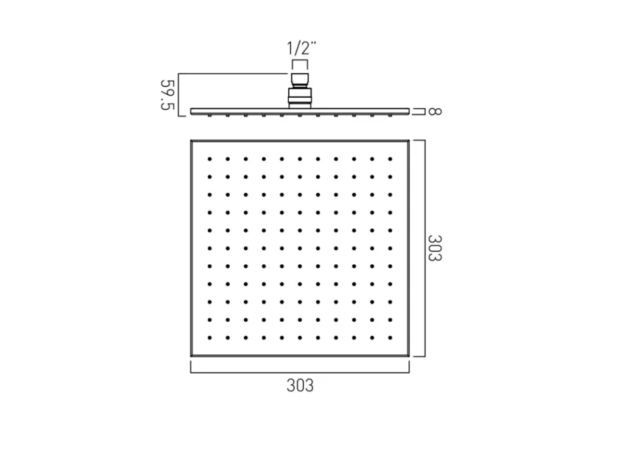 Vado Individual Single Function Easy Clean Square Shower Head 300mm Brushed Nickel technical drawing - Image 2