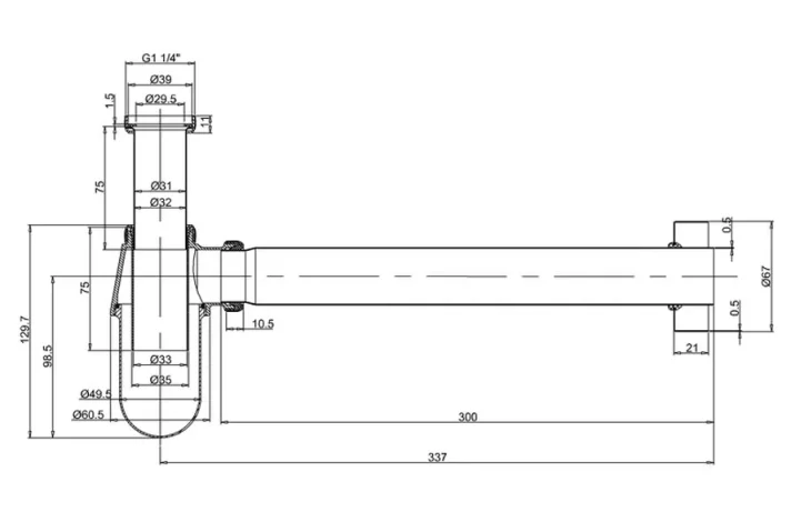 Burlington Round Bottom Basin Bottle Trap Chrome technical drawing - Image 2
