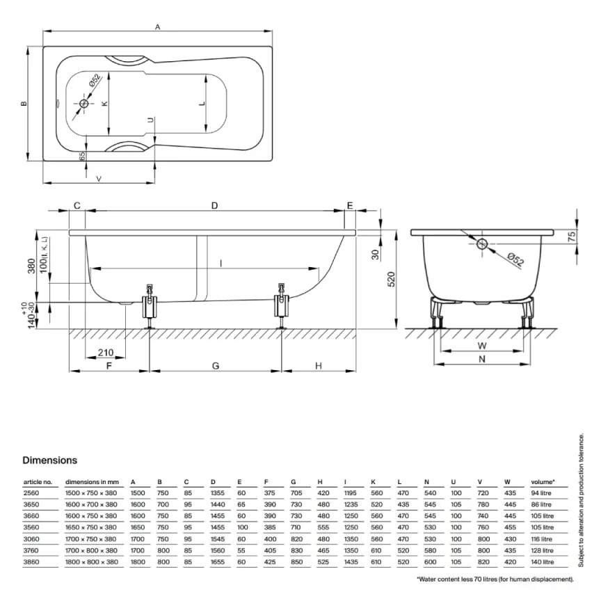 Bette Set Single Ended Shower Bath Foot end Overflow White (Multiple Sizes) - Image 4