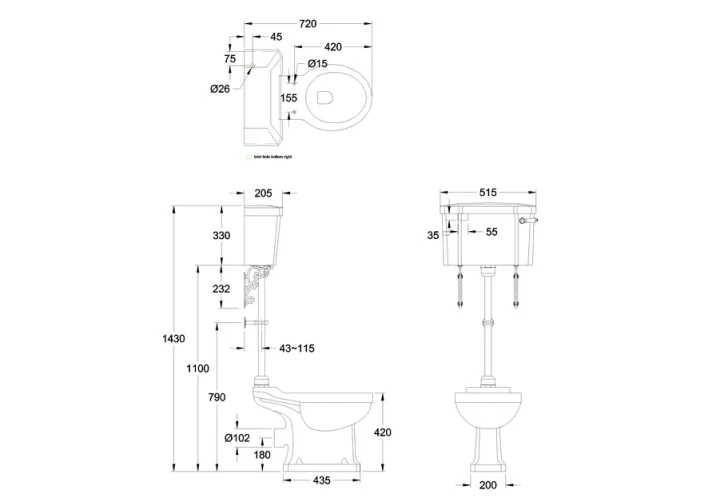 Burlington Medium Level Close Coupled Toilet with 520 Lever Cistern, Flush Pipe & Ornate Brackets (Seat Sold Separately) - Image 2