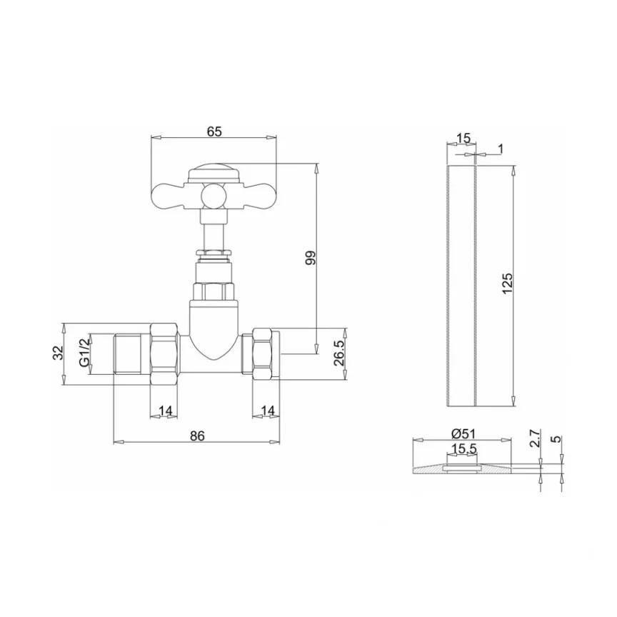 Burlington Burlington Chrome Straight Radiator Valves With Cross Heads (pair) - Medici Indices technical drawing - Image 3
